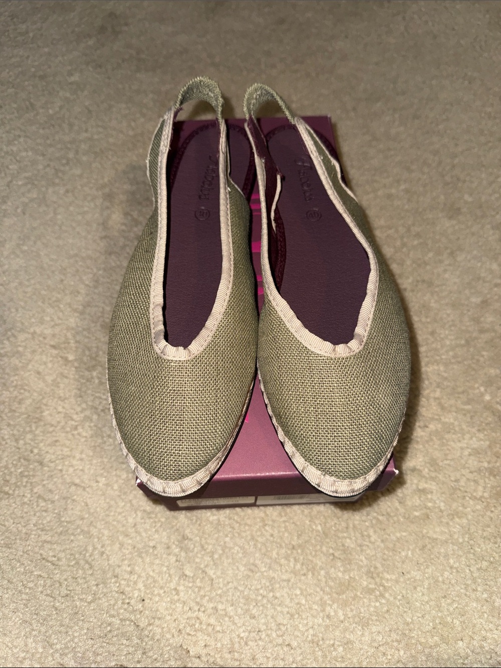 Flabelus Olive Canvas Slingback Flats with Beige Trim - Picture 3 of 7